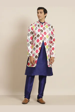 SOJANYA Men Navy Blue & White Solid Kurta with Churidar & Ethnic Printed Jacket