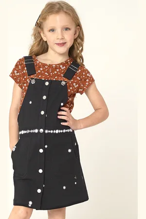 Cherry Crumble Girls Black & White Floral Embroidered Cotton Pinafore Dress