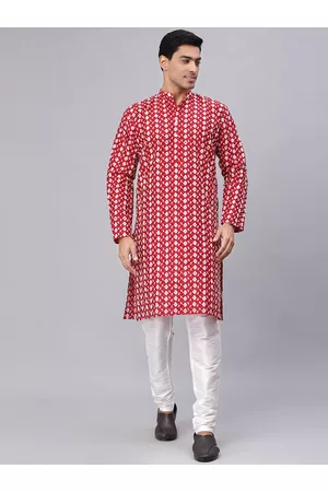 NEUDIS Men Red & Off White Red Dupion Silk Chikankari Straight Kurta