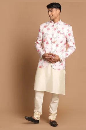 Vastramay Men Floral Printed Kurta with Churidar & Nehru Jacket