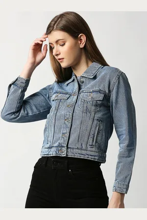 LOVEGEN Women Blue Washed long sleeve Crop Denim Jacket