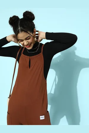 STREET 9 Women Chic Rust Solid Oversized Pocket Dungarees