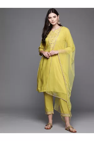 Biba Women Lime Green Embroidered Kurta with Trousers & Dupatta