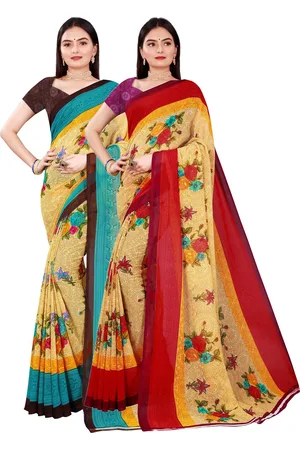 Kalini Pack Of 2 Women Beige Floral Printed Pure Georgette Saree With Unstitched Blouse