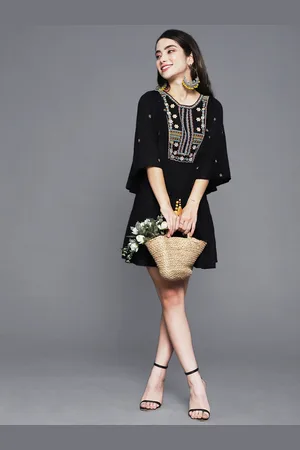 Ishin Black Floral Embroidered Mini Dress