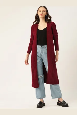 DressBerry Women Maroon Solid Front-Open Longline Sweater