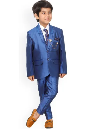 DKGF FASHION Boys Blue Solid Single Breasted 4 Piece Suit