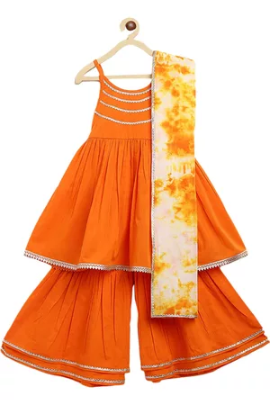 Tiber Taber Girls Orange Striped Empire Gotta Patti Pure Cotton Kurti with Sharara & With Dupatta