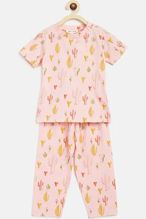 am ma Unisex Kids Peach-Coloured & Yellow Printed T-shirt with Pyjamas