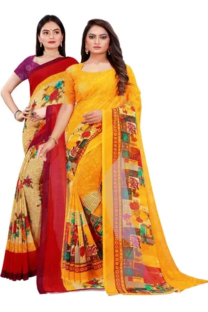 Kalini Pack Of 2 Women Beige & Yellow Printed Pure Georgette Saree With Unstitched Blouse