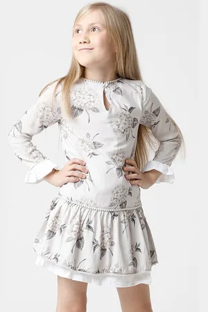 KATE & OSCAR Girls Grey Floral Georgette Drop-Waist Dress