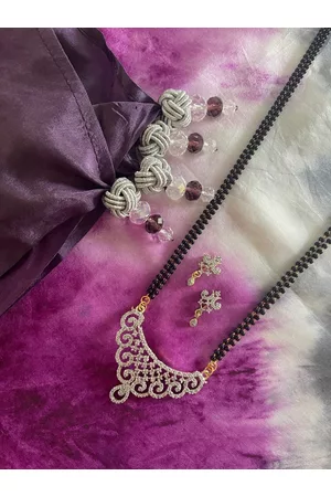 Digital Dress Room Women Gold-Plated White & Black Beaded Mangalsutra With Earrings