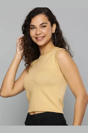 HERE&NOW Women Beige Solid Round-Neck Sleeveless Crop Pullover Sweater