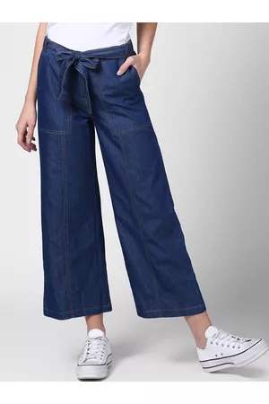 StyleStone Women Blue Loose Fit Solid Cropped Denim Parallel Trousers
