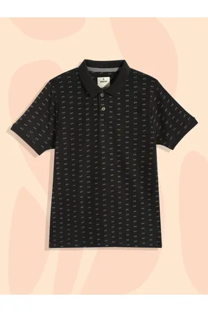 WROGN Boys Black Printed Pure Cotton Polo Collar Slim Fit T-shirt