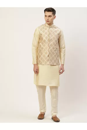Jompers Men Ethnic Pyjamas - Men Cream-Coloured Ethnic Motifs Kurta with Pyjamas & Nehru Jacket