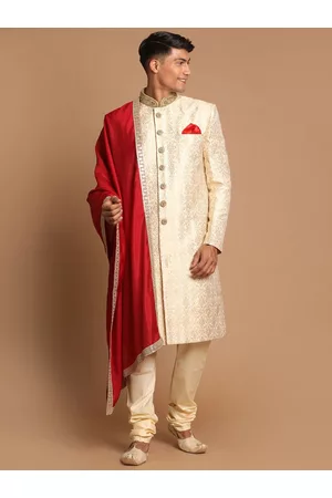 Vastramay Men Beige Self-Design Sherwani Set With Dupatta
