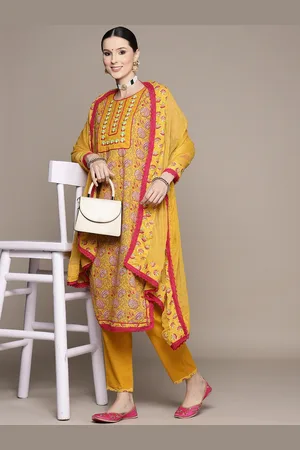 Ishin Women Mustard Yellow Floral Yoke Design Thread Work Pure Cotton Kurta with Trousers & With Dupatta