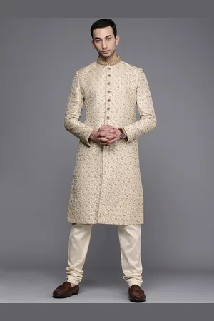 Manyavar Men Beige Floral Embroidered Sherwani and Churidar Set