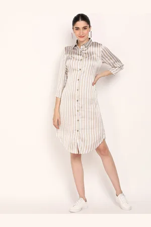 DODO & MOA Women Beige Striped Georgette Shirt Dress