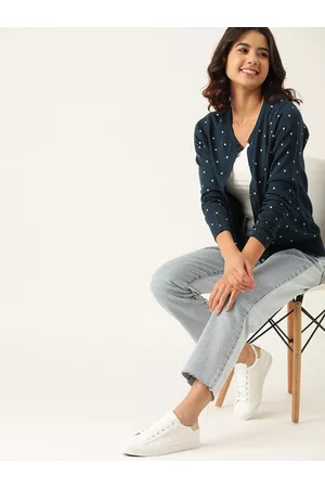 DressBerry Women Navy Blue & Off-White Acrylic Printed Cardigan