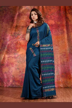 Charukriti Women Teal & Green Ethnic Motifs Pure Cotton Saree
