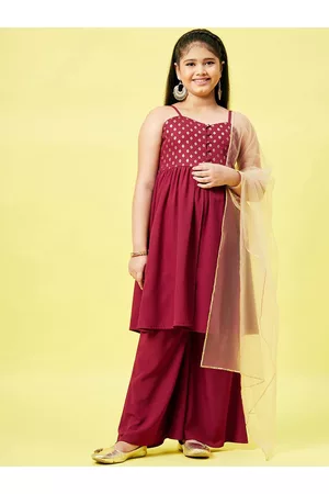 Stylo Bug Girls Maroon Floral Print Yoke Design Polyester Kurta with Palazzos & Dupatta