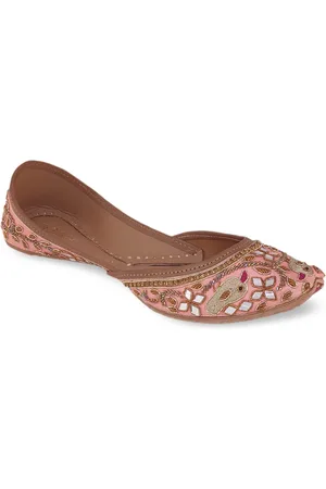 Fulkari Women Pink Embellished Leather Ethnic Mojaris Flats