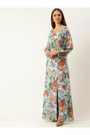 Berrylush Women Blue & Orange Printed Maxi Dress with High Slit Detail