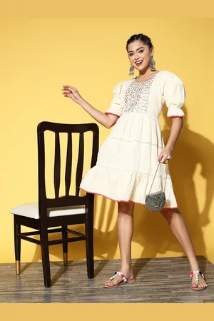 RAJGRANTH Women Beautiful Off-White Ethnic Motifs Once Upon a Sleeve Dress