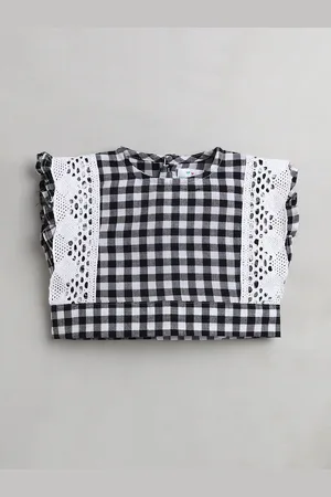 Knitting Doodles Girls Black & White Pure Cotton Checked Top with Trousers