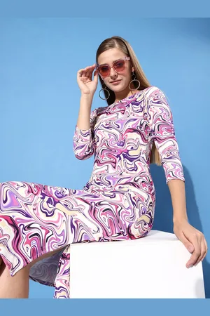 ATHENA Women Lavender & White Abstract Printed Bodycon Midi Dress