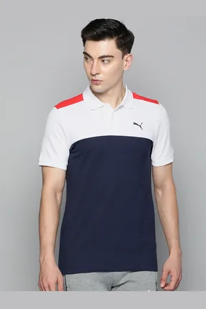 PUMA Men Blue & White Colourblocked Polo Collar Slim Fit Pure Cotton T-shirt