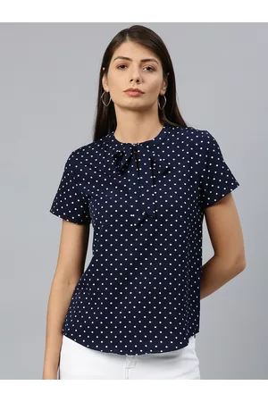 Chemistry Women Navy Blue & White Printed Regular Top with Tie-Up Neck