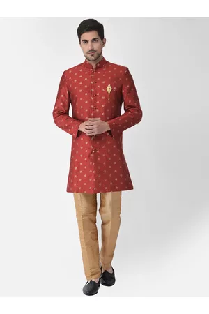 SG LEMAN Men Maroon & Gold-Toned Printed Sherwani Set