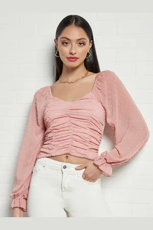 Femme Luxe Women Dusty Pink Dobby Weave Ruched Crop Top