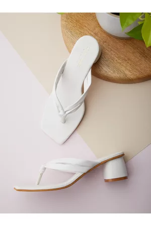 Tokyo Talkies White Embellished PU Block Pumps with Bows