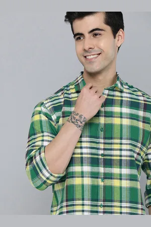 Mast & Harbour Men Green Checked Cotton Linen Casual Shirt