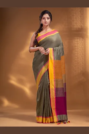 Arhi Grey & Orange Woven Design Pure Cotton Saree With Unstitched Blouse Piece