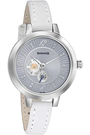 Sonata Women Blue Brass Dial & White Leather Straps Analogue Watch 8141SL04