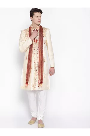 SG LEMAN Men Beige & White Raw Silk Sherwani Set with Dupatta