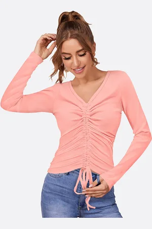 LONDON BELLY Women Peach-Coloured Solid V-Neck Long Sleeves Polyester Top