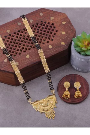 Brandsoon Gold-Plated & Black Beaded Mangalsutra With Earrings