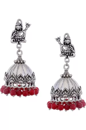 Silvermerc Designs Silver-Plated & Red Dome Shaped Jhumkas
