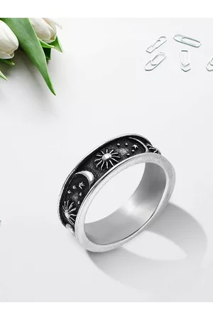 Yellow Chimes Men Black & Silver-Toned Stainless Steel Sun Moon Universe Energy Sign Ring