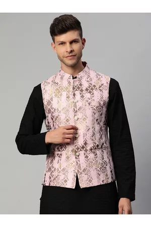 MANQ Men Pink & Golden Woven Design Nehru Jacket