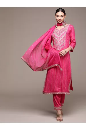 Ishin Women Pink Ethnic Motifs Embroidered Kurta with Trousers & With Dupatta