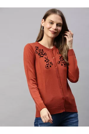 HERE&NOW Women Rust Brown Embroidered Cardigan Sweater