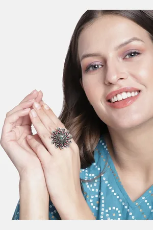 Kord Store Silver-Plated Stone Studded Oxidised Adjustable Finger Ring