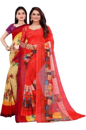 Kalini Pack Of 2 Women Beige & Red Printed Pure Georgette Saree With Unstitched Blouse